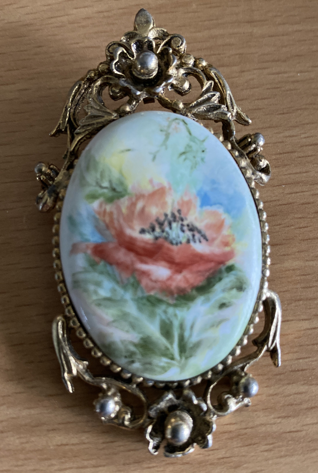 Vintage Victorian Brooch Pin Pendant Hand Painted Poppy Flower Artist Signed