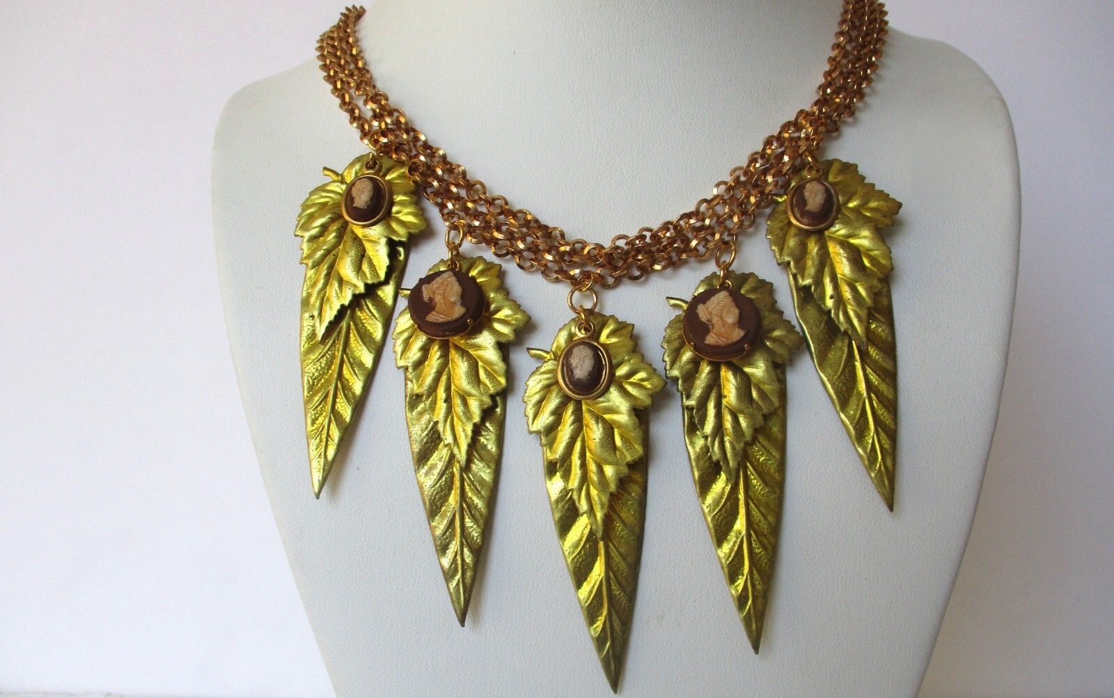 Vintage Jewelry Set: Brass Leaf Necklace With Cameos & Matching Earrings/Boho/