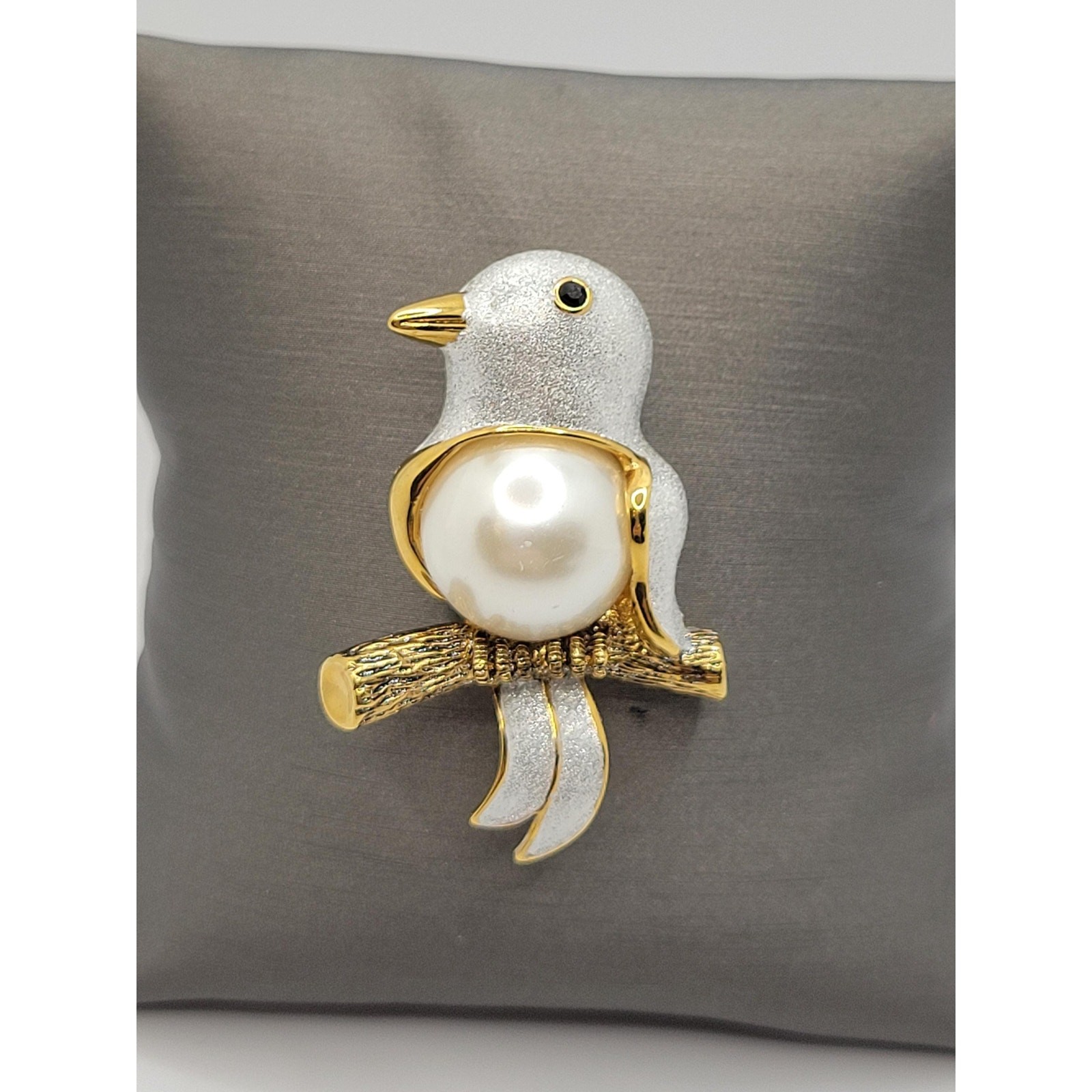 Vintage Butler Style Bird Pin Faux Pearl Belly Cabochon Figural 1980s Brooch