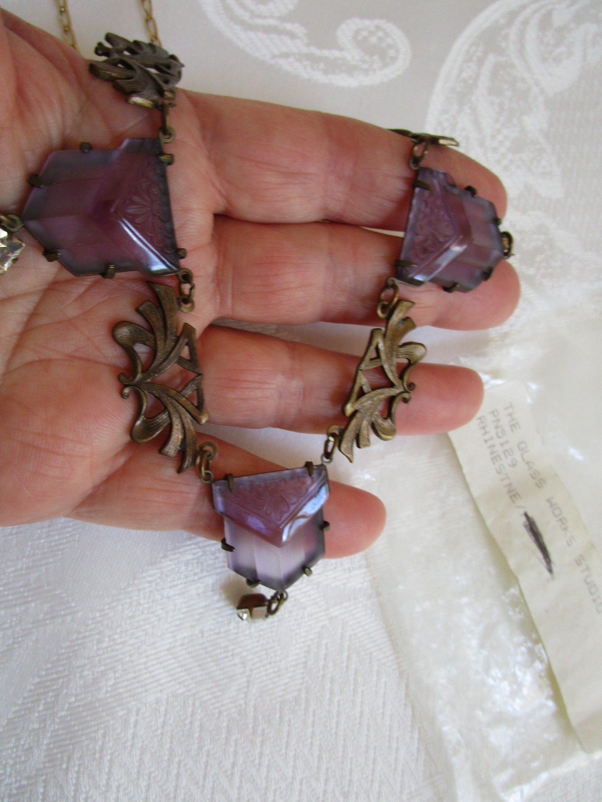 Vintage Glass Works Studio Purple Glass Clear Rhinestone Necklace 19” L Rare