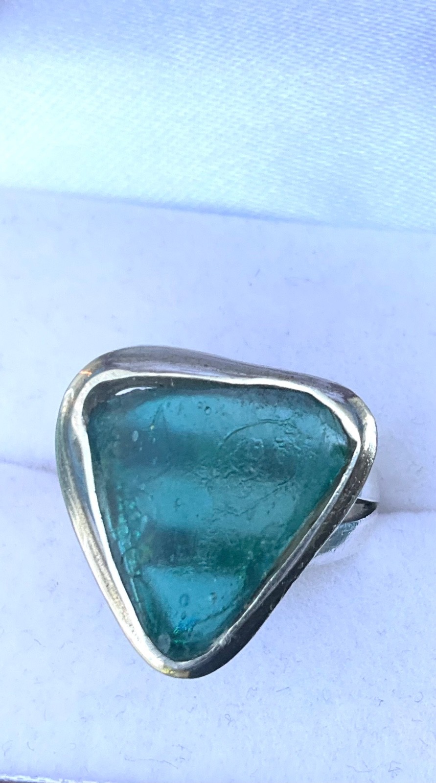 Vintage STERLING RING Aqua Sea Glass Shard Caribbean Blue Signed FNA Size 7.25