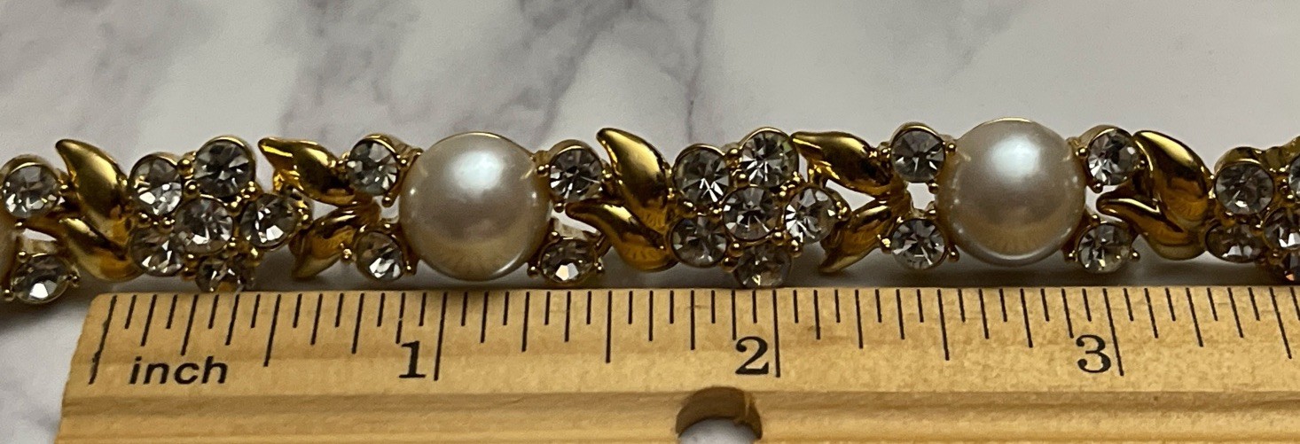 Vintage Gold Tone Rhinestone Faux Pearl Cabochon 15″ Necklace Jewelry YD-8