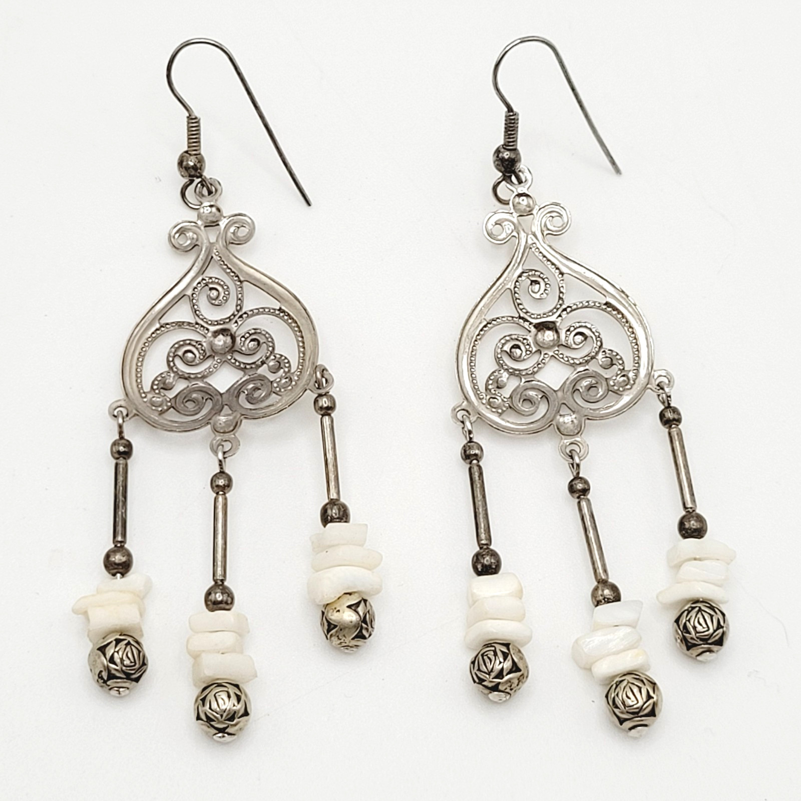 Southwestern Style Chandelier Silver Tone White Howlite Bead Pierced Earrings