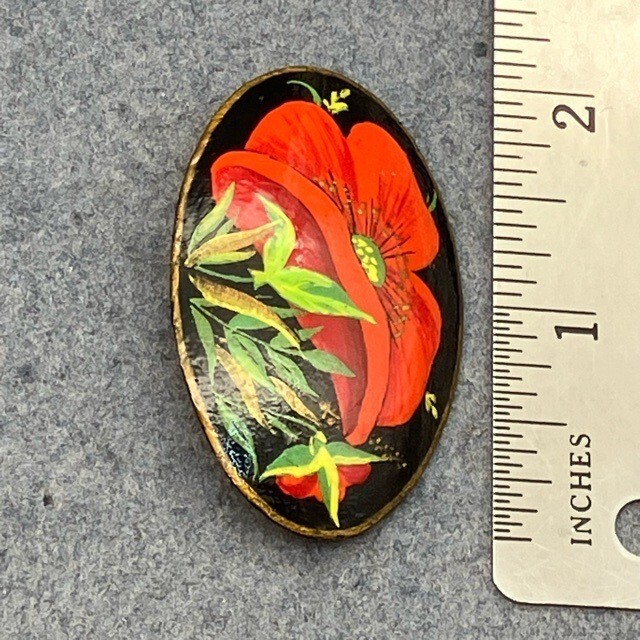 Hand-Painted Floral Brooch Pin 2×1 In Signed HM Oval Red Poppy Flower Black