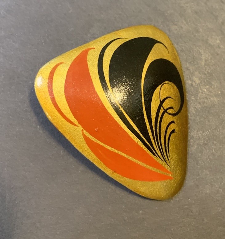 Vintage Traditional Folk Art Wooden Triangular Pin Made in USSR Red Gold Black