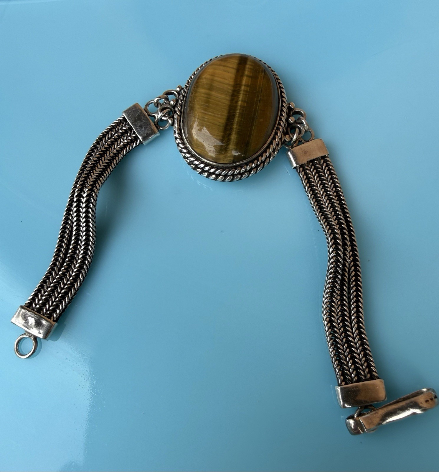 Vintage Sterling Silver 925 Large Oval Tigers Eye Bracelet Hook Clasp 35.4g