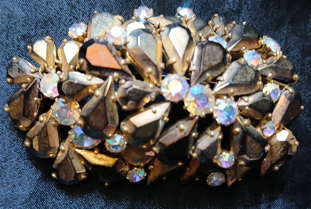 Vtg Crystal Gold Bronze Brooch Pin Lrg Rhinestones AB Openback Clasp for REPAIR