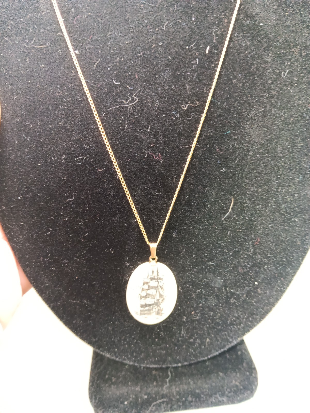 Vintage Scrimshaw Ship Pendant 14K GF Chain Necklace