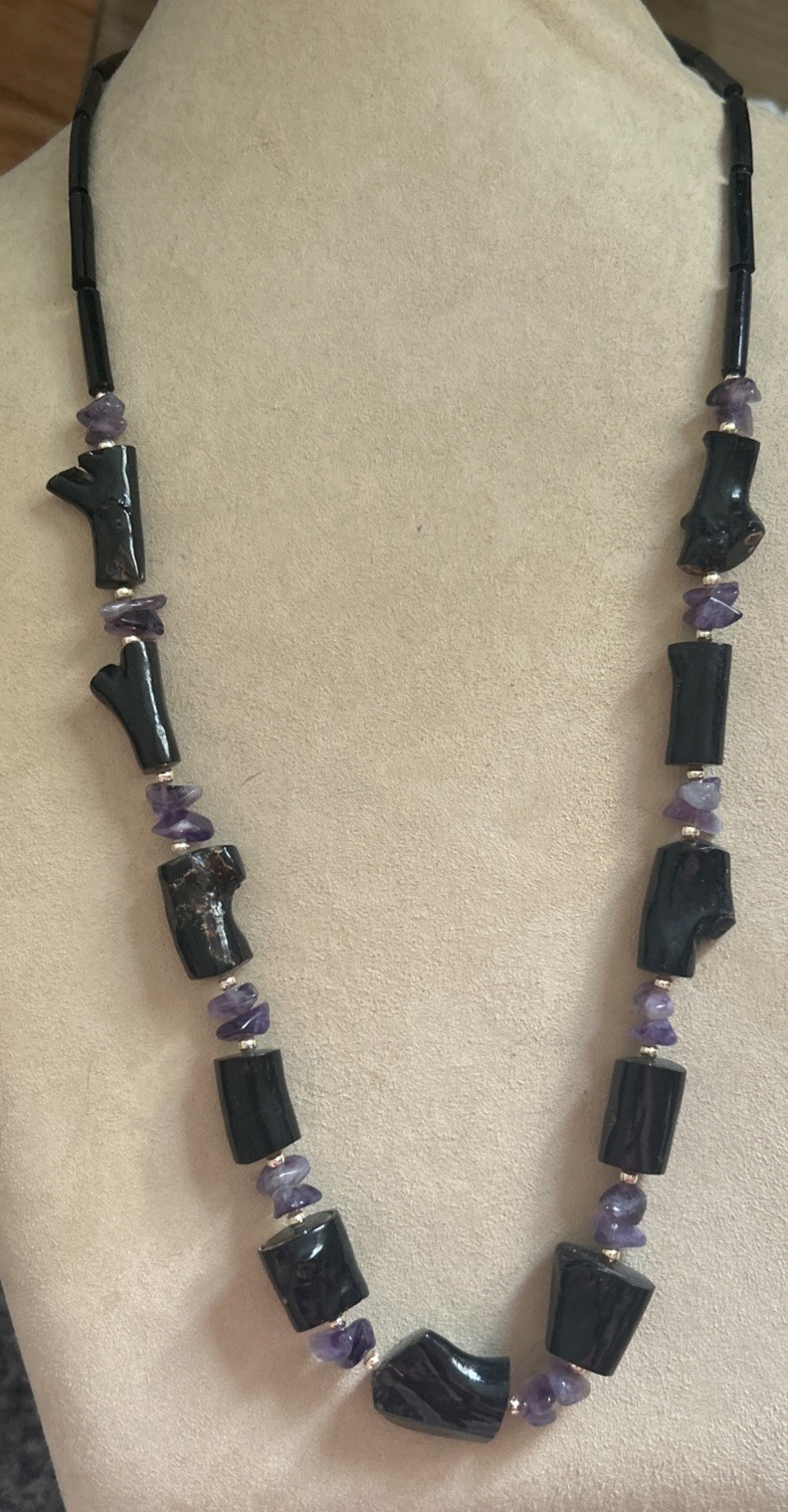 Vintage estate Hawaiian black coral Amythest 28”necklace Genuine & Rare Piece