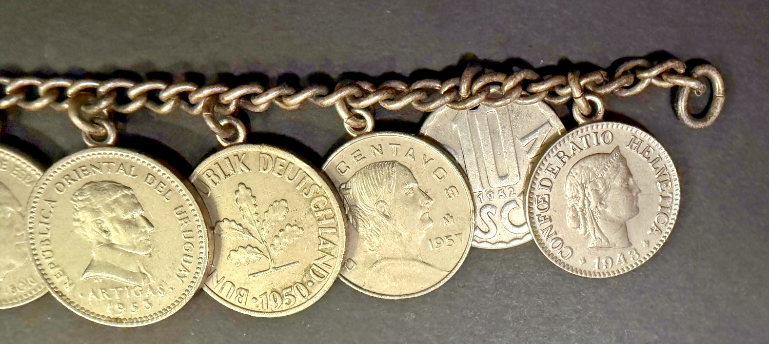 Vintage Foreign Coin Bracelet – 8 Coins – Circa 1950’s – 6″