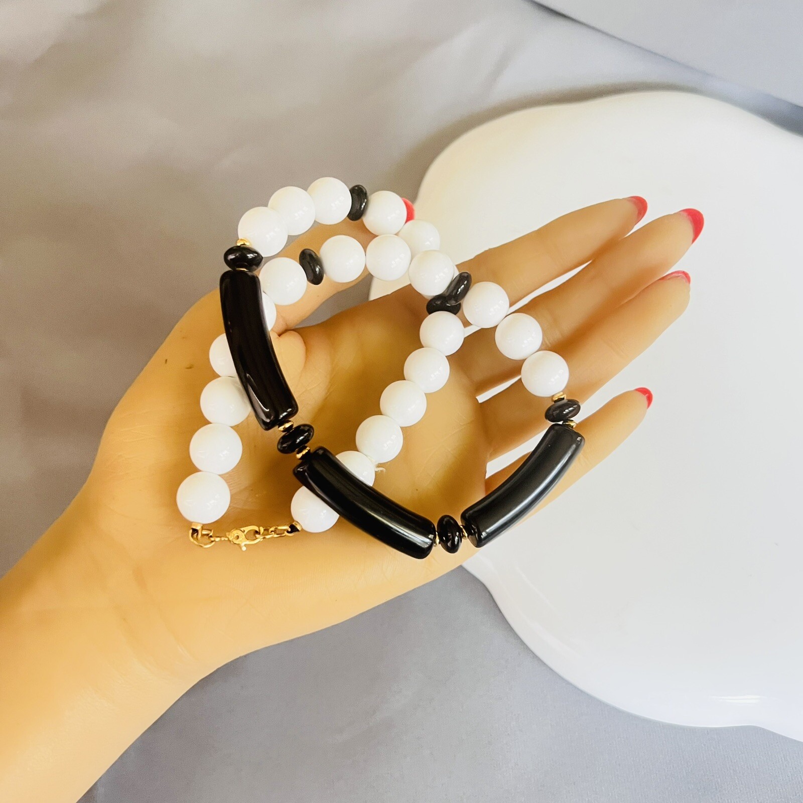 Vintage Monet Necklace White Black Gold Lucite Beads Beaded PRETTY 18” 4674