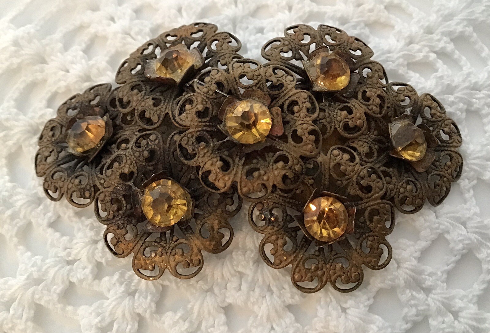 Antique Fillagree Gold Colored Metal Brooch 2 Amber Rhinestones 1/2” X 1 1/2”
