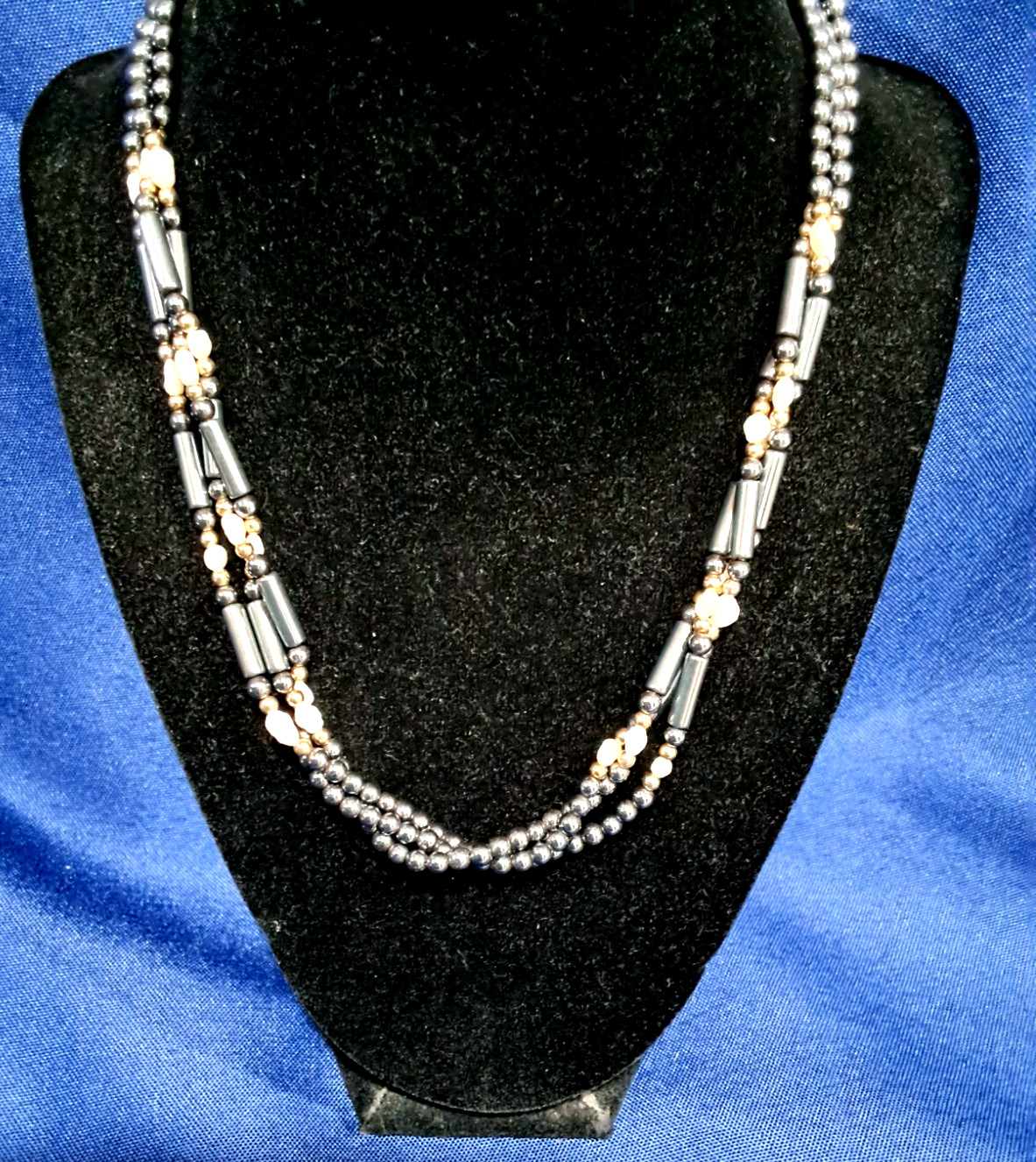 Obsidian Bead three strand necklace with Freshwater Pearls & goldtone Beads 18″