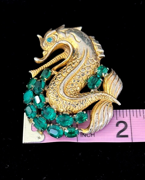 RARE VTG FRED BLOCK Gold Wash Sterling Green Stone SEA MONSTER Pin Brooch 31.8G