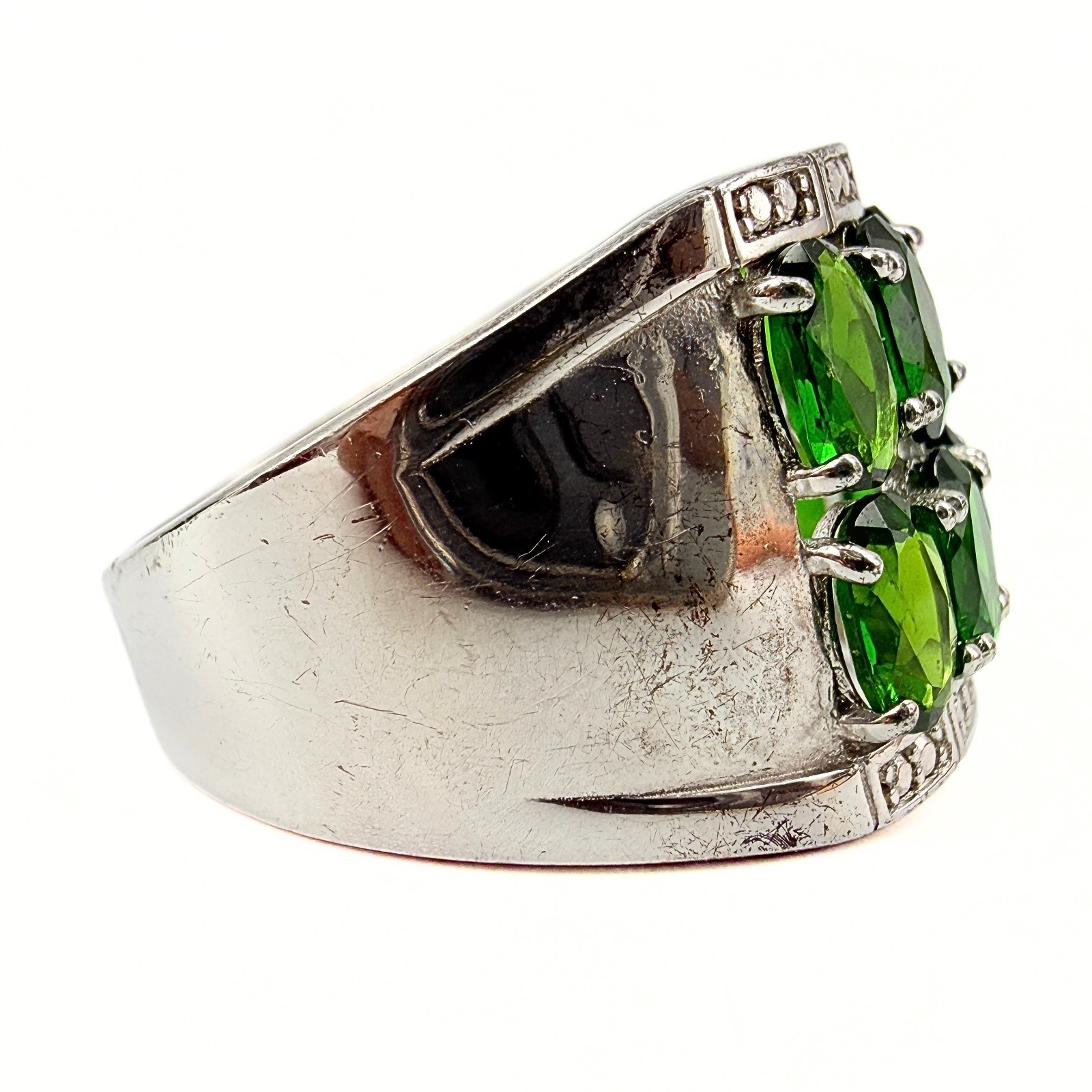 Marked DK Sterling Silver Double Row Diopside Green Iolite CZ Ring Sz 9.75
