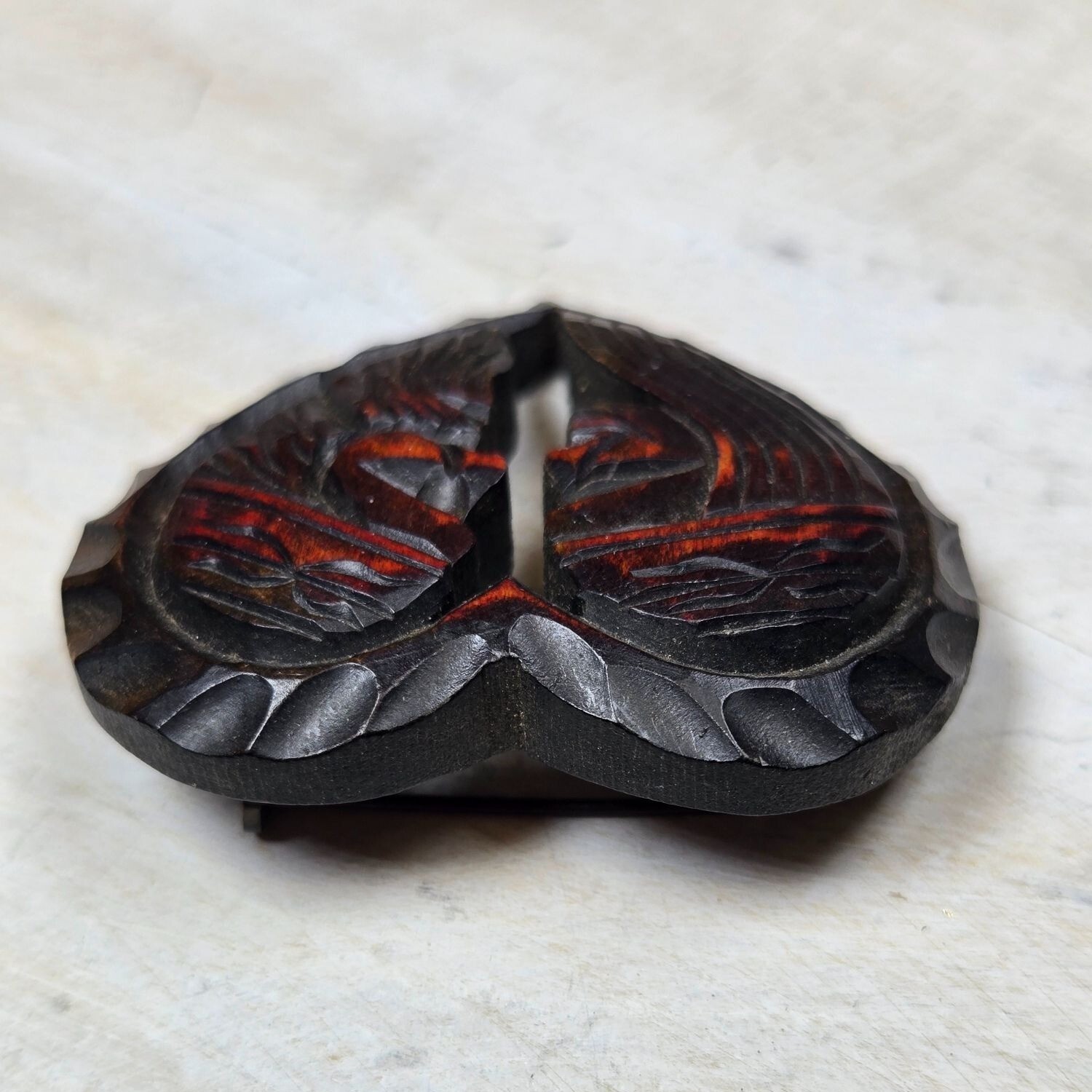 Vtg Hokkaido Wood Carved Heart brooch Artist signed Rare Jewelry dated 1965