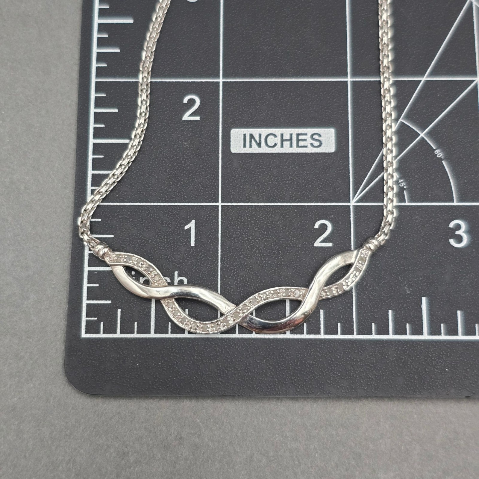 Vintage CW Sterling Silver CZ Infinity Wave Bar Choker Necklace 15″ Designer