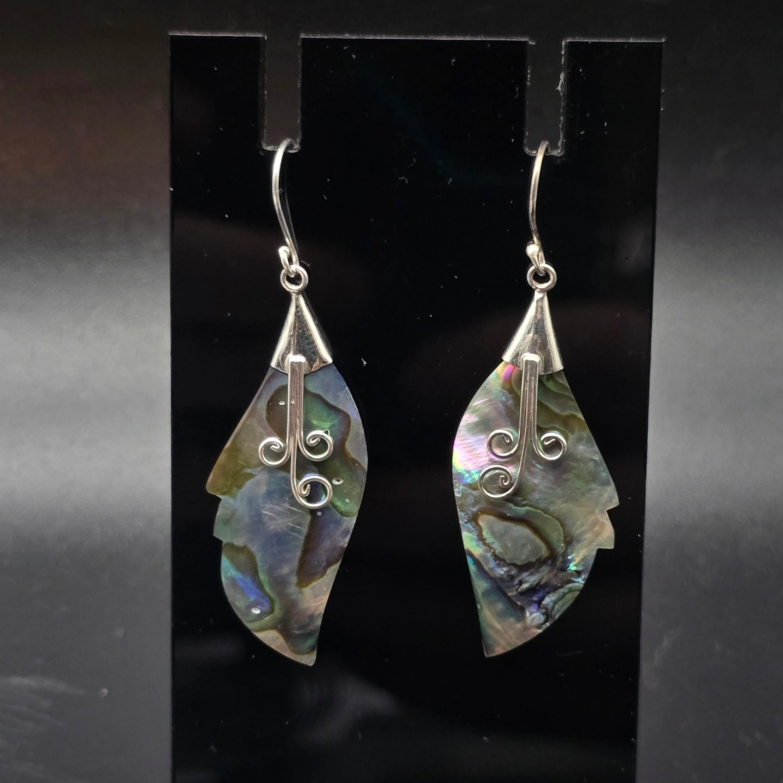 Sterling Silver Paua Abalone Shell Feather Earrings 925 Pierced