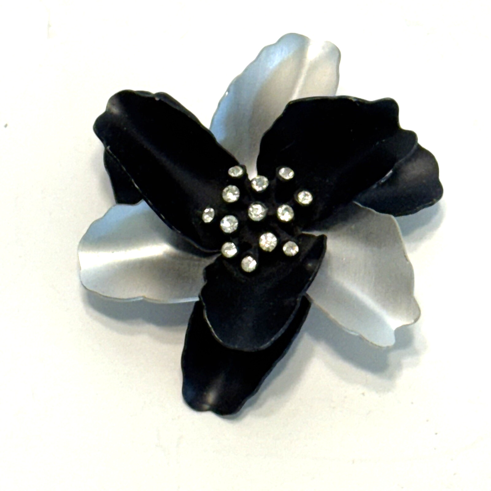 Vintage Black and Silver Flower Brooch Enamel Layered Petals Clear Rhinestones
