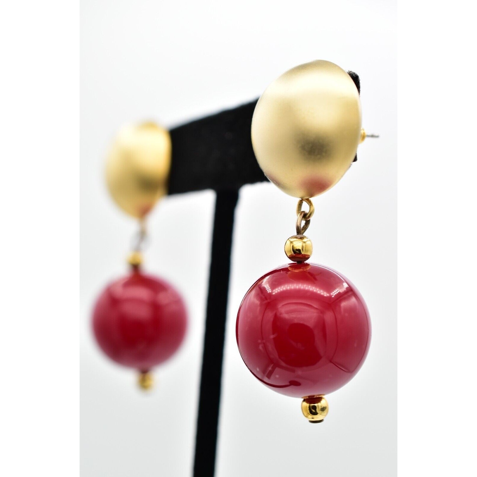 Vintage Dangle Beaded Earrings Chunky Drop Brushed Gold Red Retro 1980s BinBF