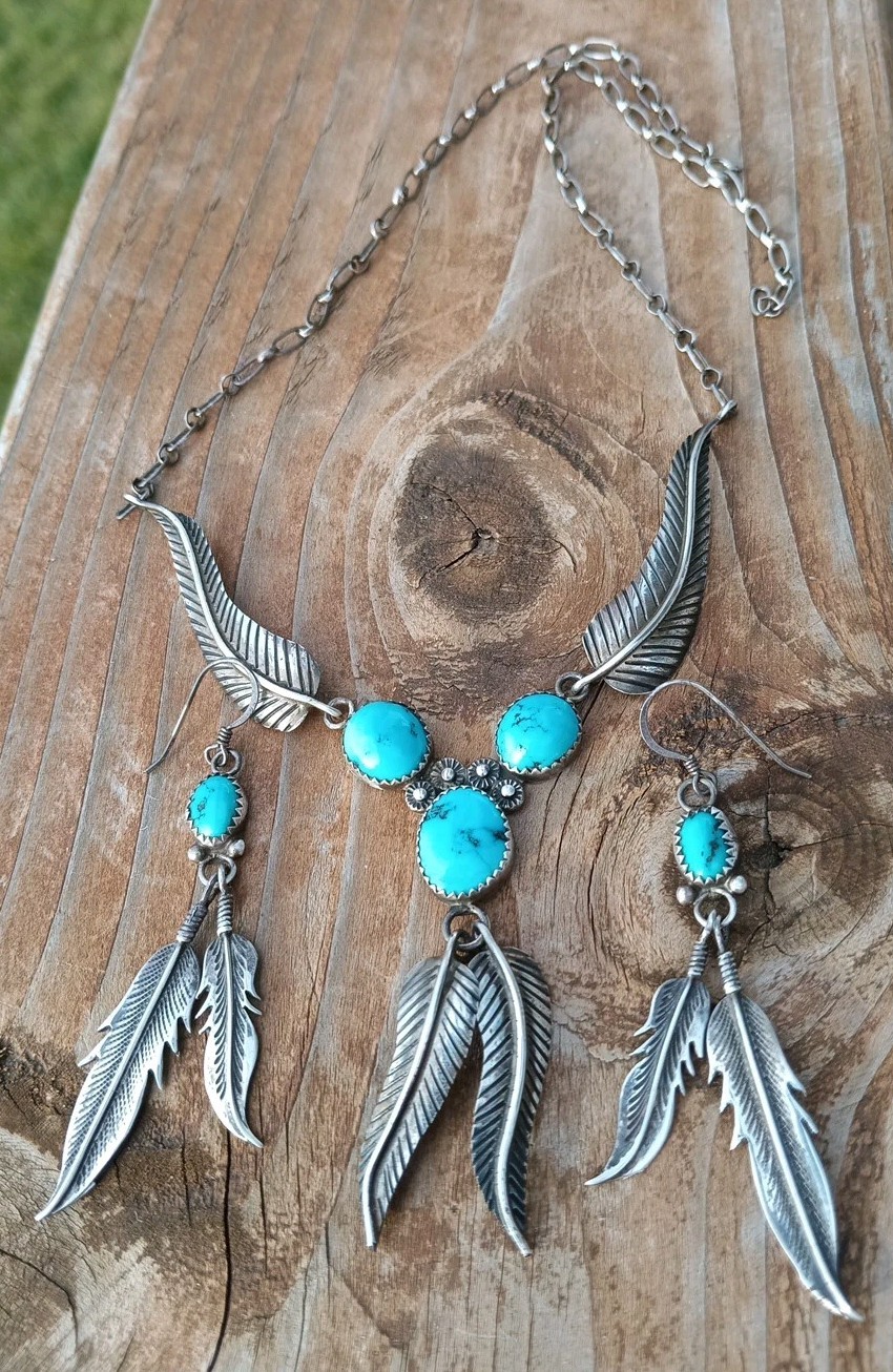 VINTAGE NAVAJO TURQUOISE STERLING SILVER FEATHER NECKLACE & EARRINGS 23.5 Gram