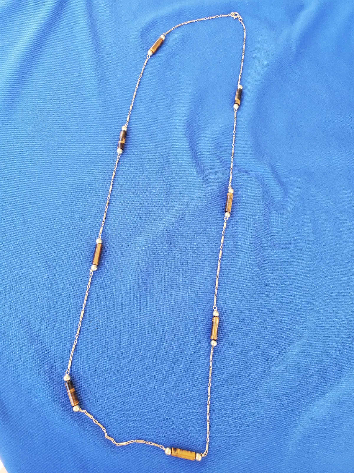 Vintage 14K GOLD Art Deco Tiger eye Statement Necklace Unique Antique Chain 28″