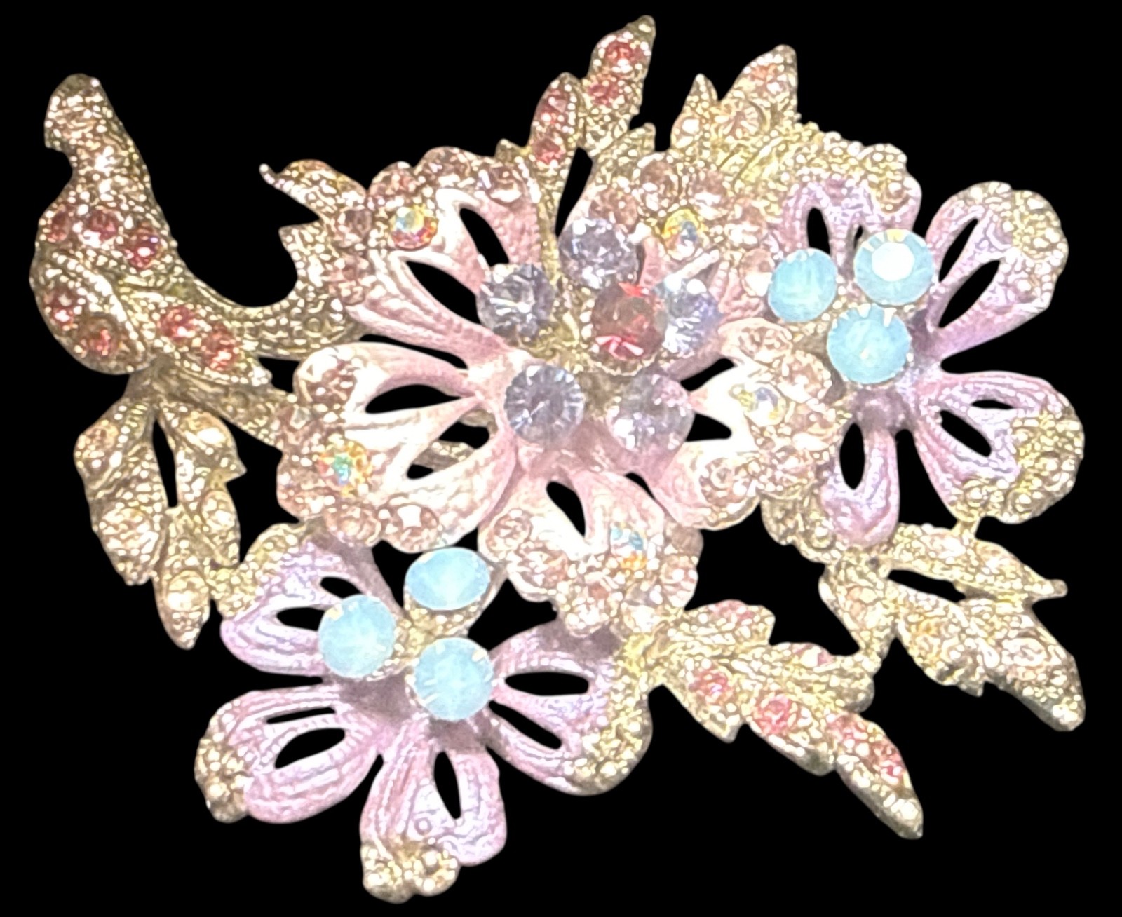 Vintage purple and blue crystal rhinestone flower cluster Pendant/Brooch 2″ EUC