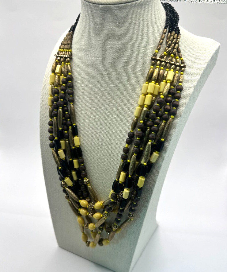 Vintage Boho Multi-Strand Necklace Yellow Black Natural Wood Seed Beads Earthy