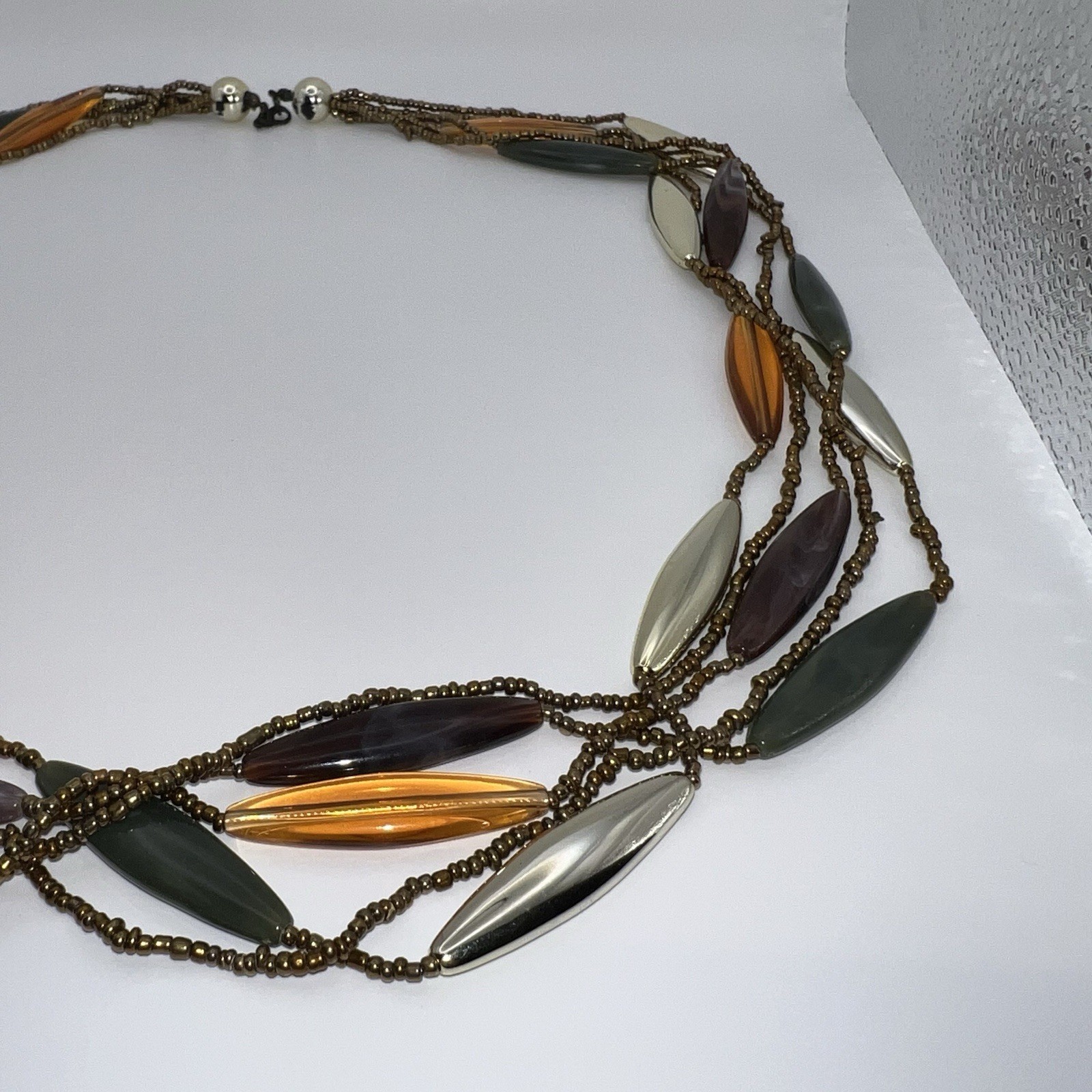 Vintage Plastic & Small Glass Beaded Necklace 32” End to End Beading Warm Colors