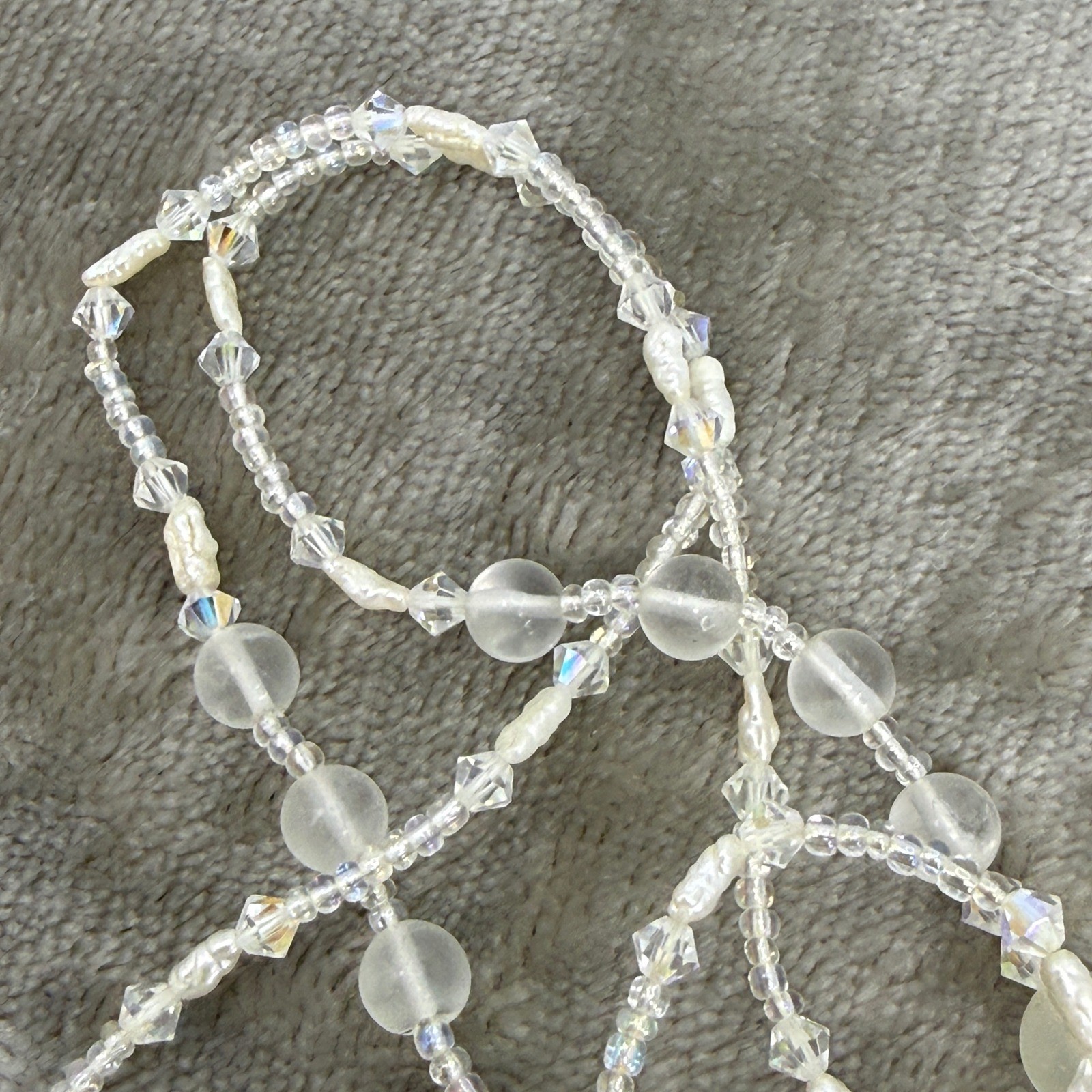 Vintage Frosted Glass AB Crystal Pearl Beaded Necklace Filigree Clasp Iridescent