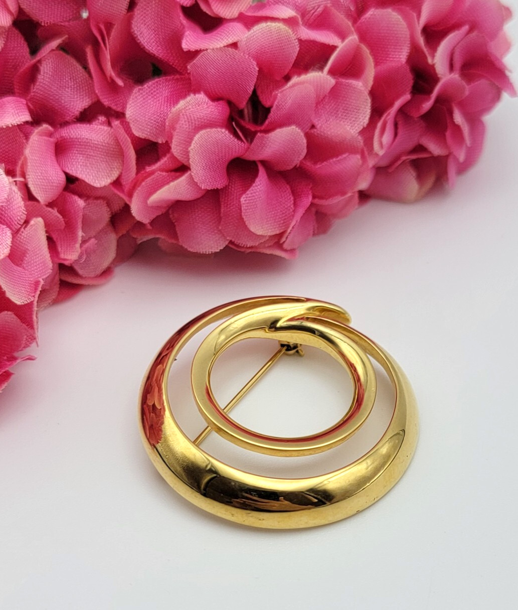 Vintage Signed MONET Gold Tone Brooch Double Circle Open Work 39 mm Modernist