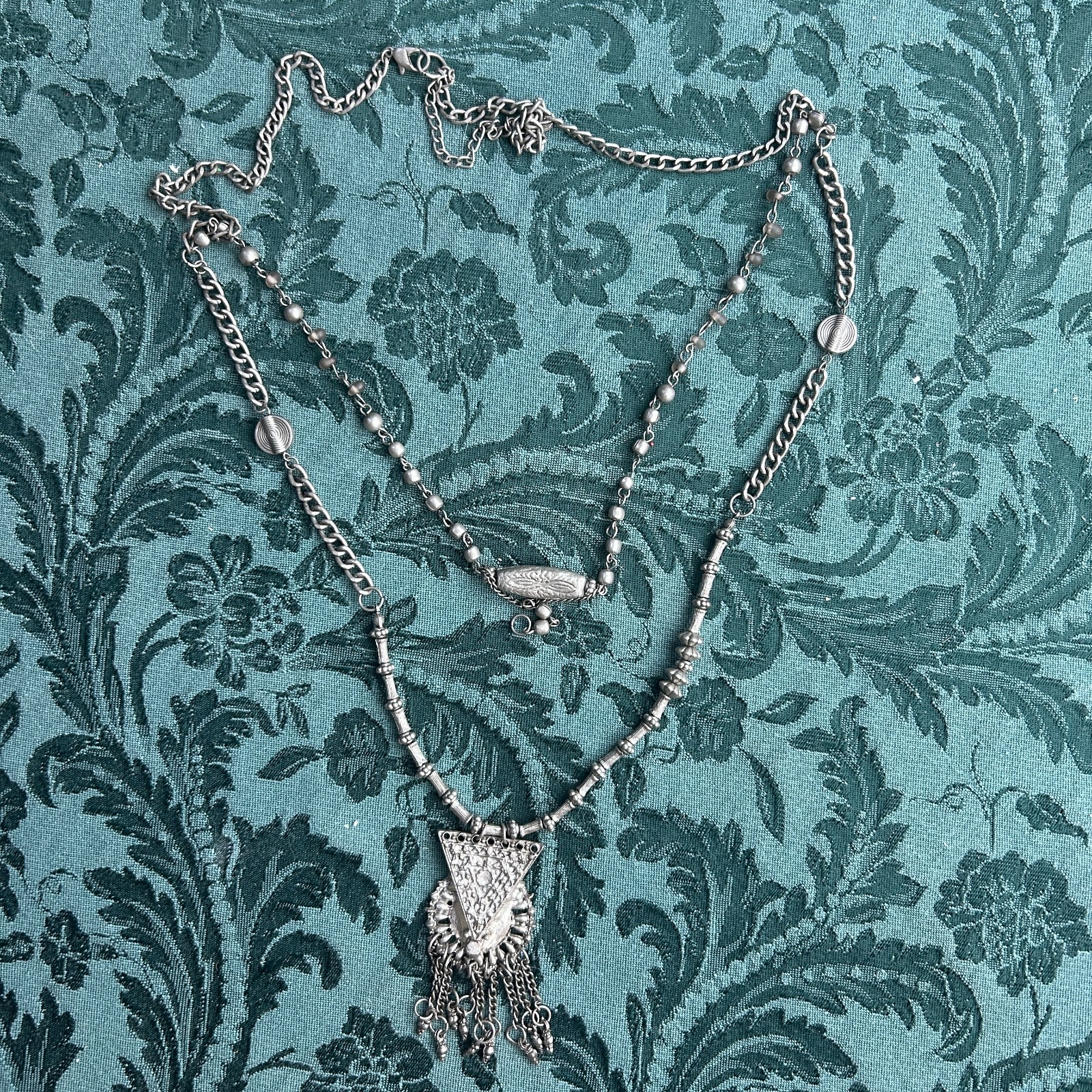 Vintage Boho Silver Tone Tribal Fringe Pendant Necklace Layered