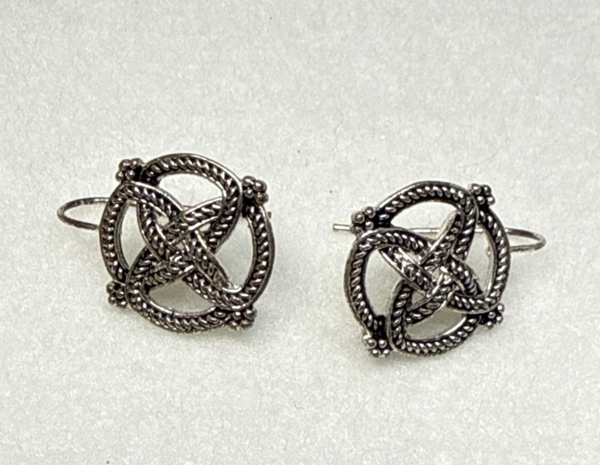 Celtic Style Silver Tone Textured Celtic Pierced Hook Earrings signed Avon SH