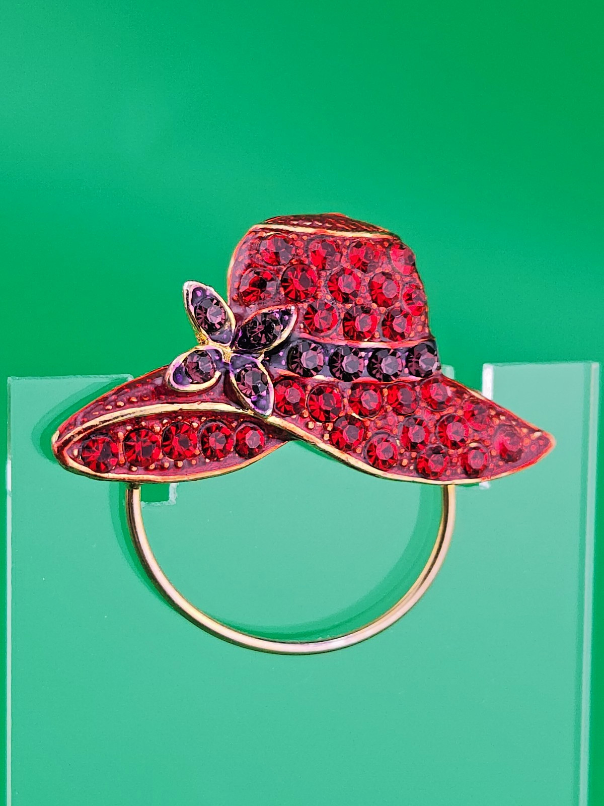 Red Hat Society Brooch Eyeglass Holder Lapel Vest Pin With Red & Purple Stones