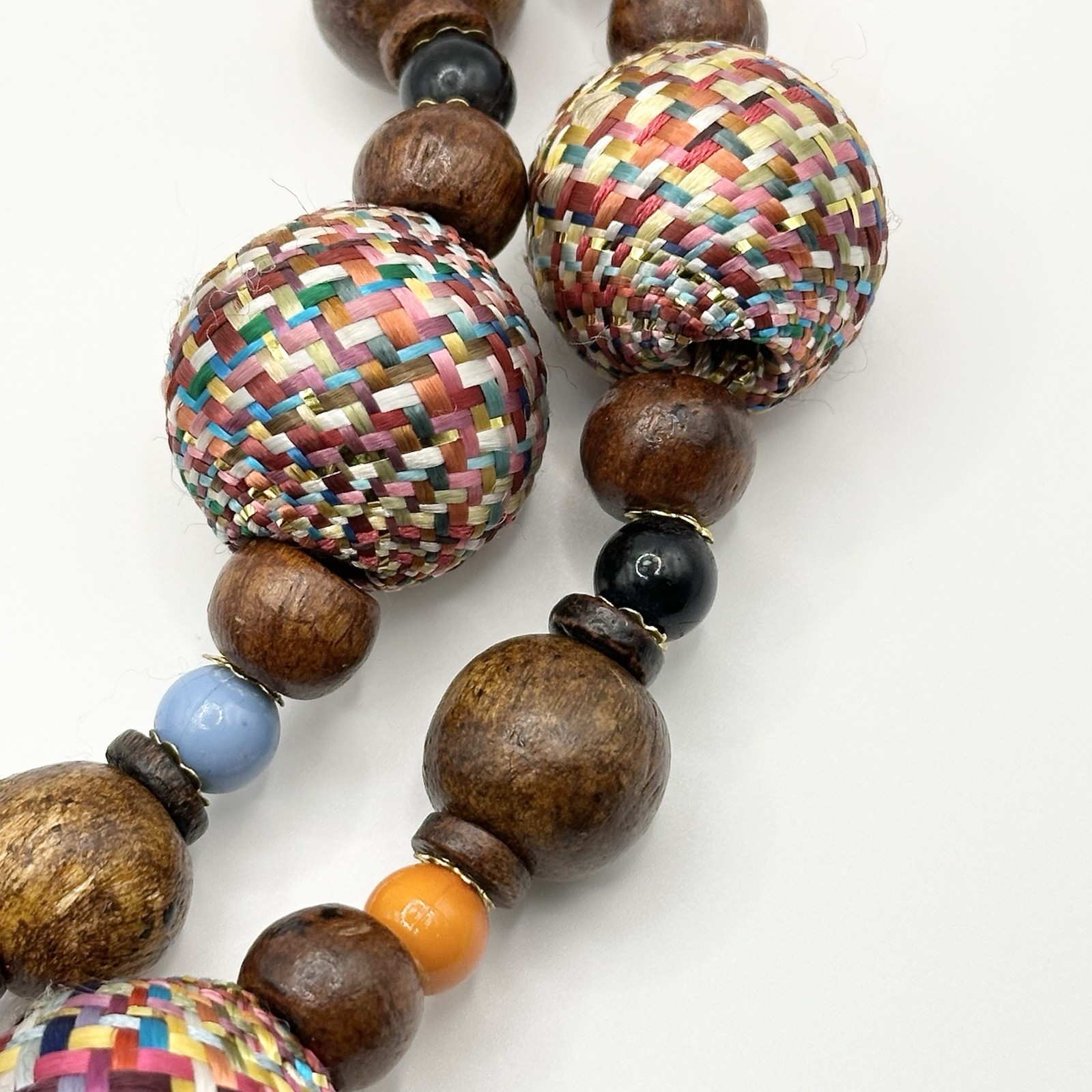 Vintage Multi-Color Boho Wood Statement Necklace Woven Bead 37”