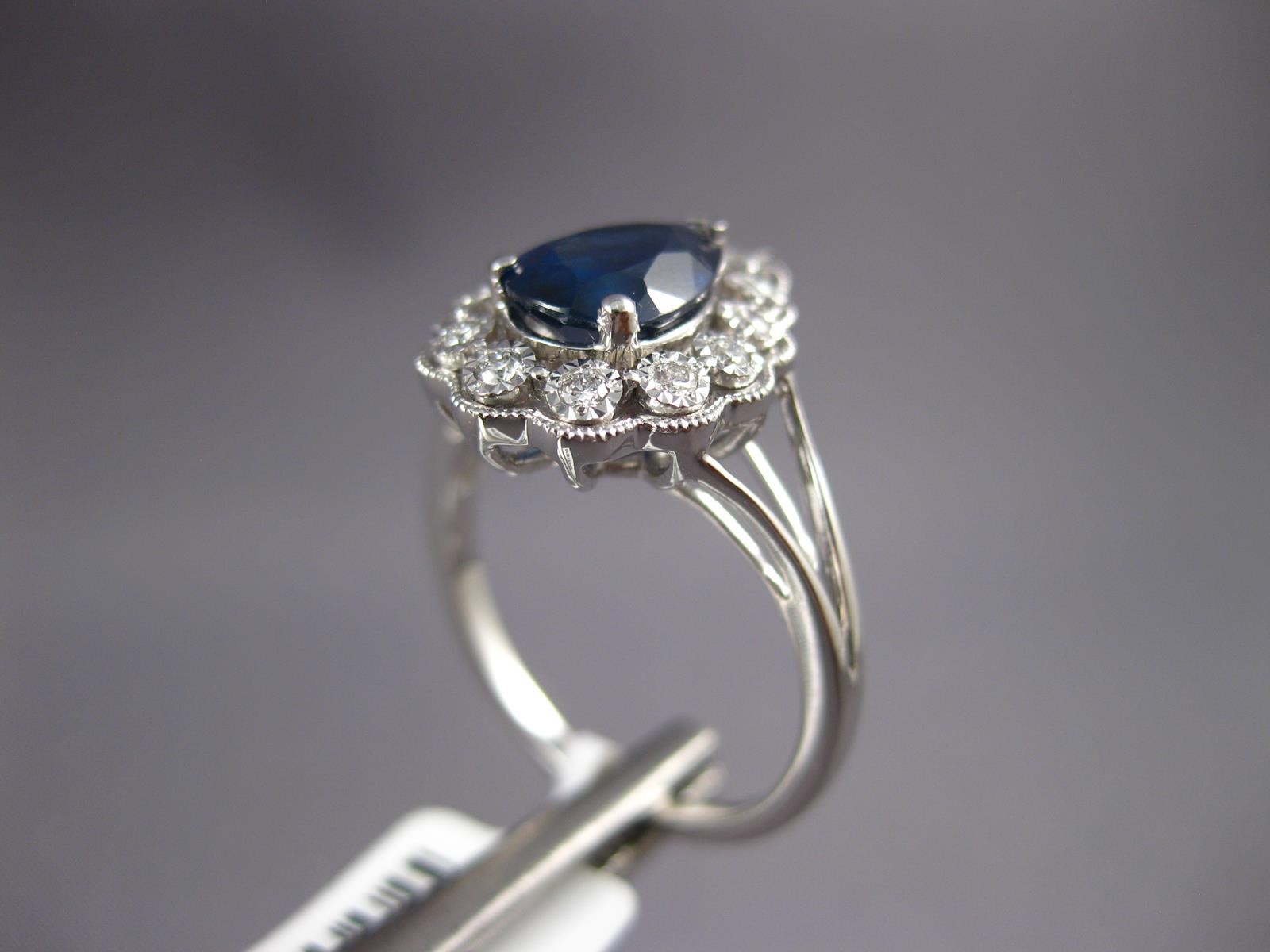 WIDE 1.52CT DIAMOND & AAA SAPPHIRE 14KT WHITE GOLD 3D PEAR SHAPE ENGAGEMENT RING
