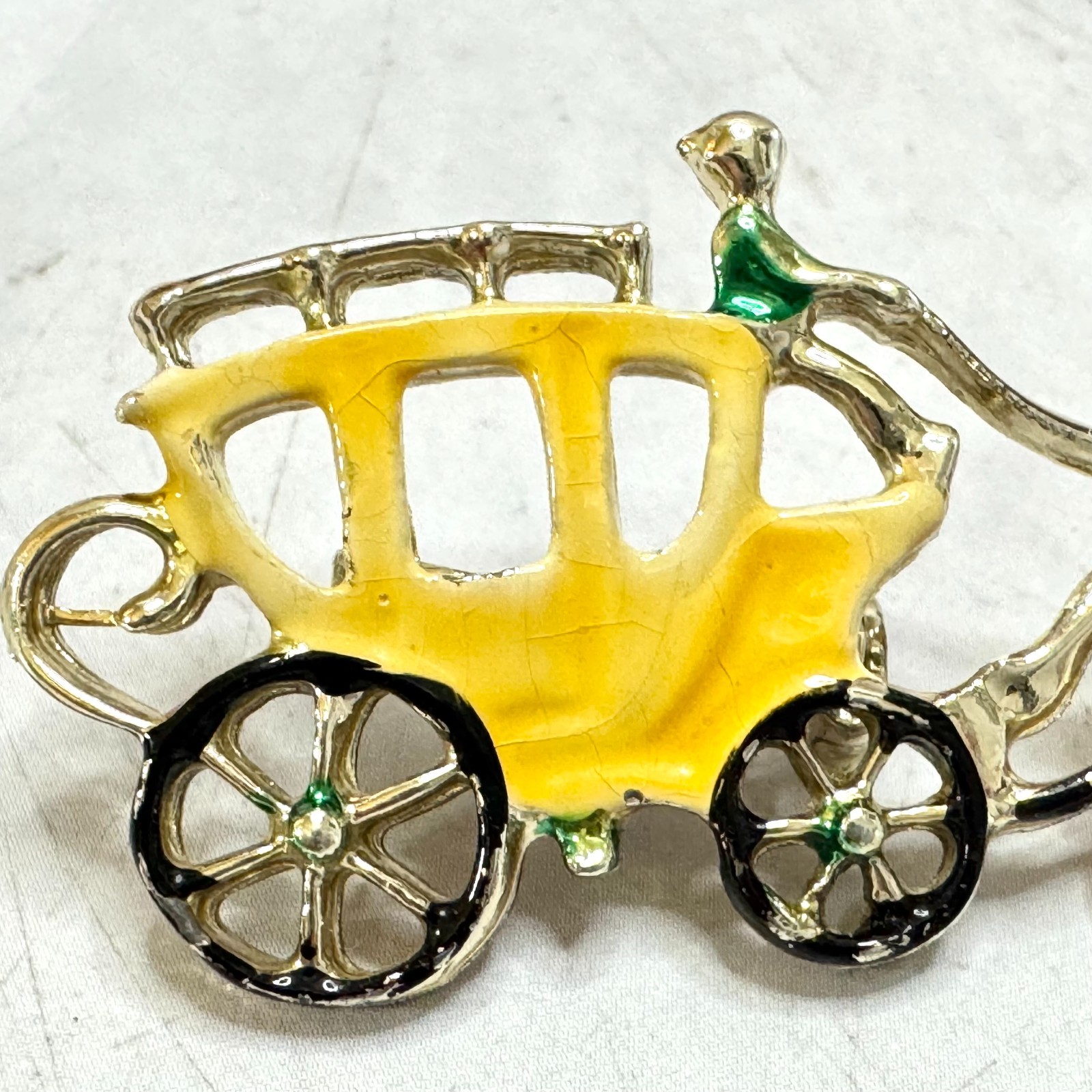 Vintage Brooch Enamel Horse Western Wagon Coach Gold Tone Estate 2″ Pin Dainty