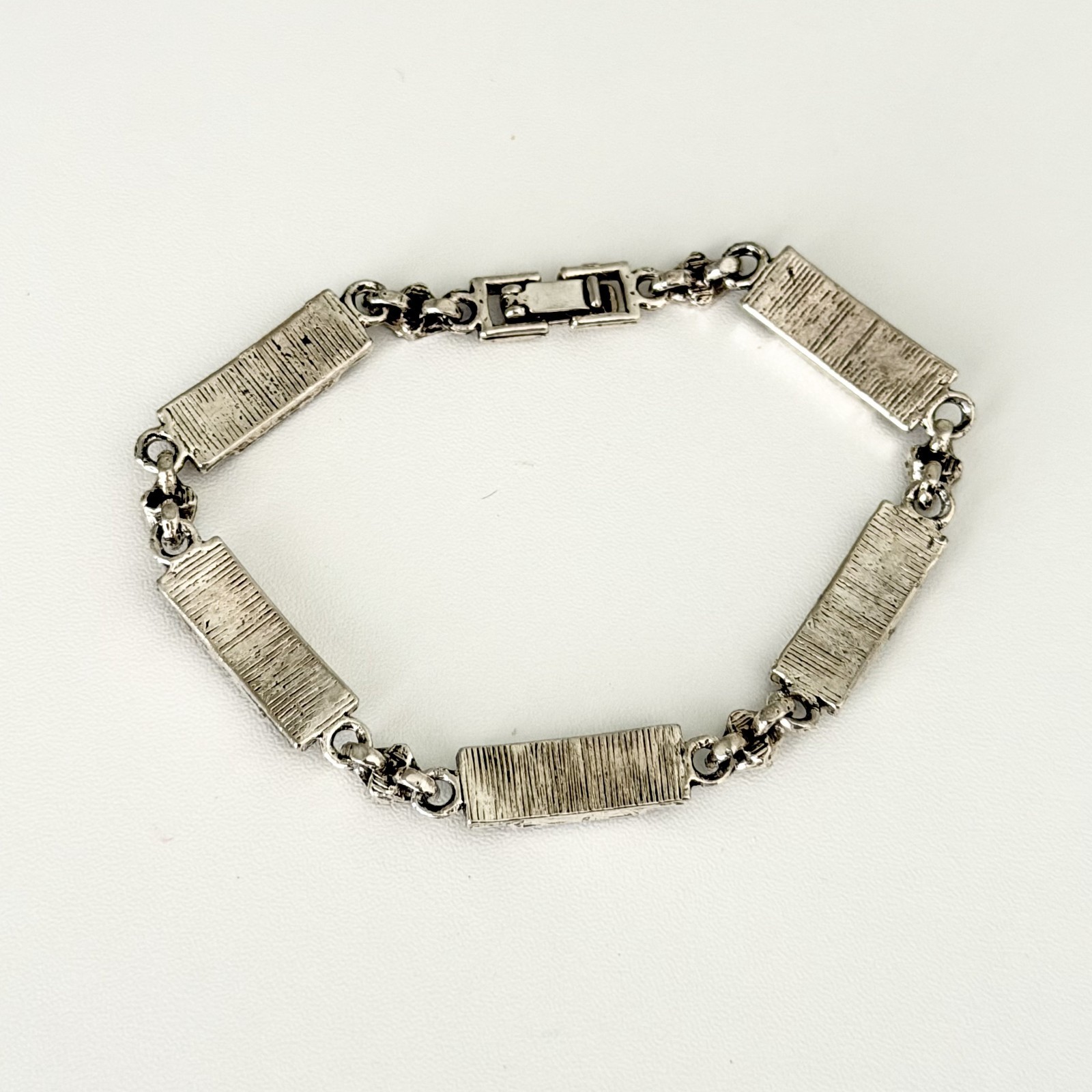 Vintage Blue Crystal Faux Marcasite Silver Tone Chain Link Bracelet 6.75″