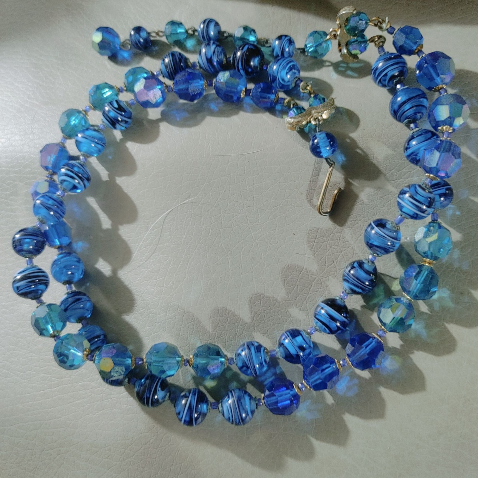 Necklace Vintage Strand Artisan Blue Teal Beaded Hook Clasp Retro Jewelry Glass