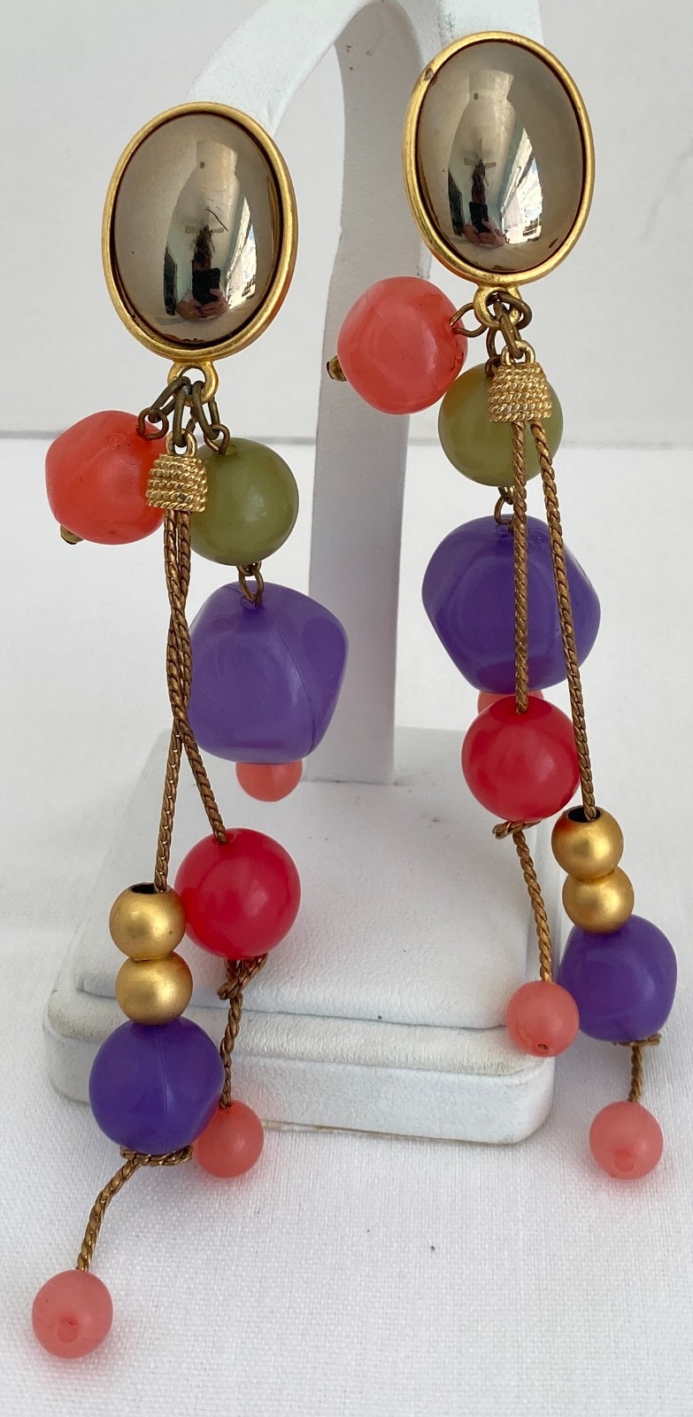 Vintage Colorful Fruit Salad Beaded Dangle Gold Tone Clip On Earrings Statement