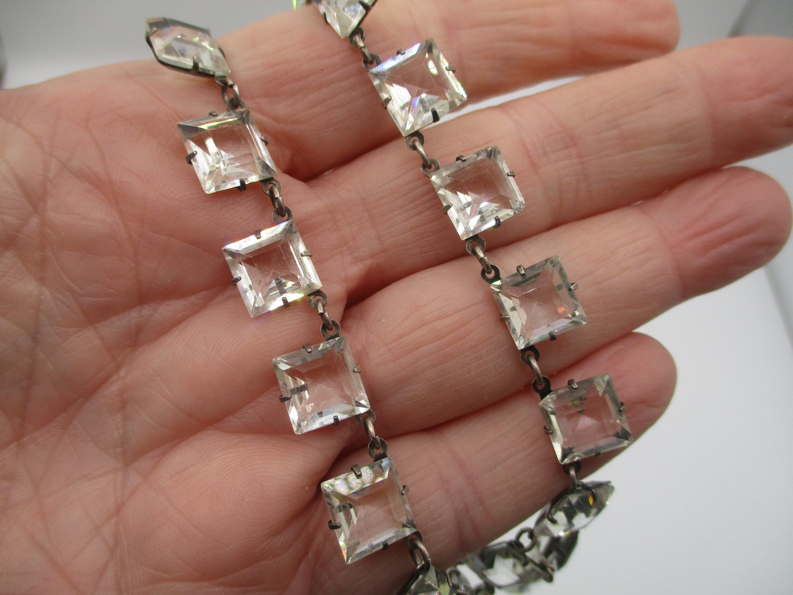 ANTIQUE STERLING SILVER ROCK CRYSTAL NECKLACE ~ ART DECO with 3 STRAND DROP