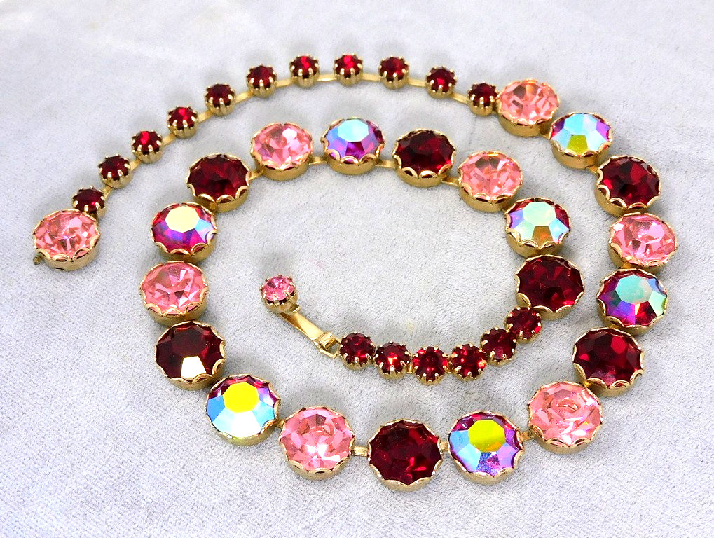 Vintage WEISS Pink Red AB Loop Prong Set Rhinestone Necklace Adjustable to 17″