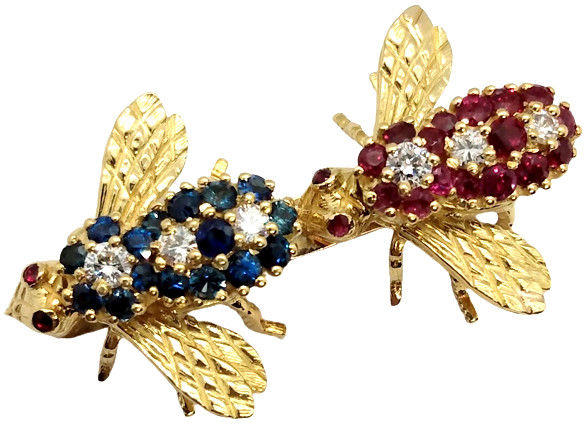Elegant Vintage Diamond Ruby Sapphire 18K Gold Double Bee Brooch Pin Retro