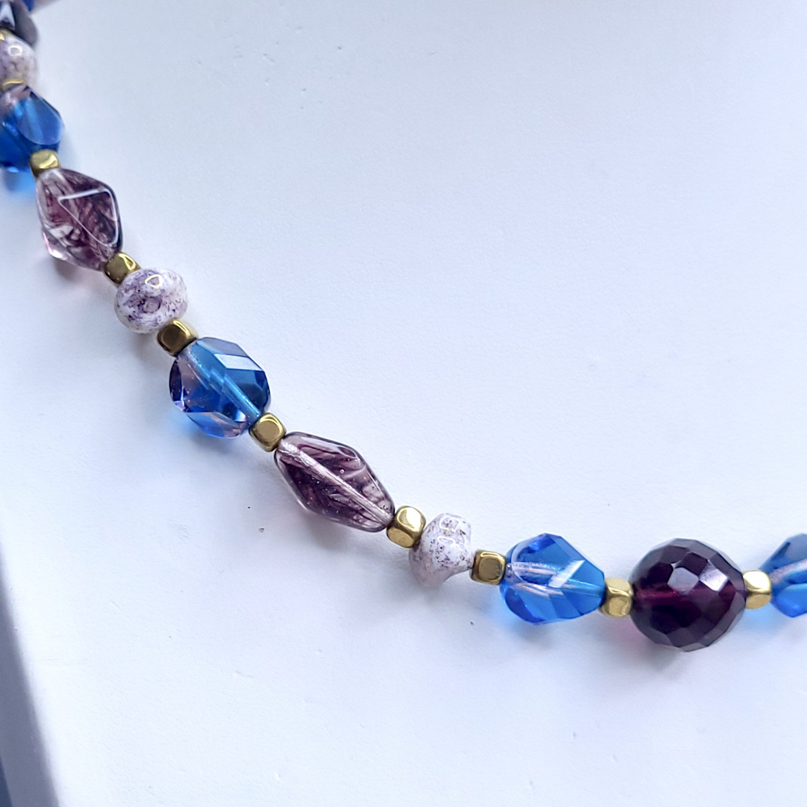 Necklace 20” Blue and Purple Glass Czech Vintage Beads Women`s Jewelry