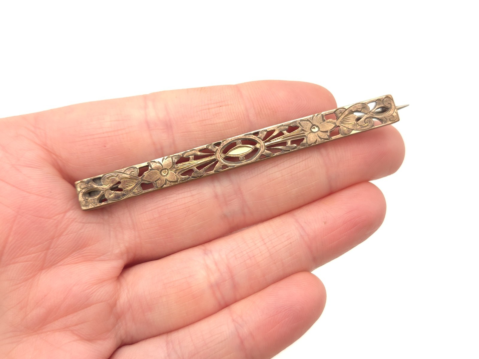 Antique Victorian Gold Filled Signed AP Floral Filigree Large Bar Pin Brooch