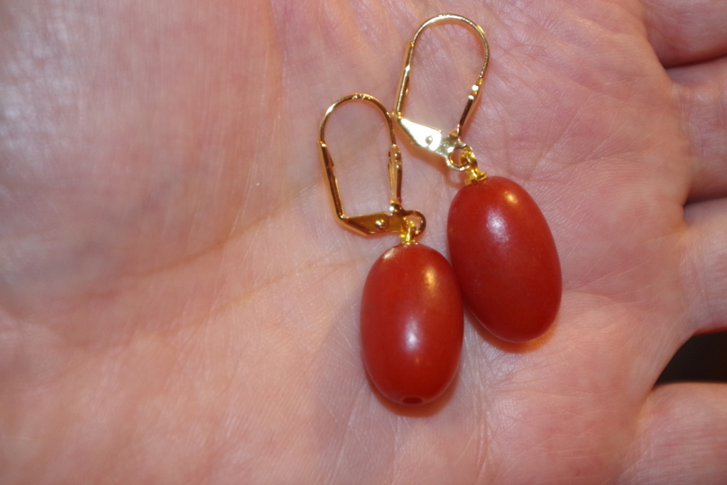 HANDMADE 14K GF GORGEOUS DARK AMBER 39MM BAKELITE OVAL LEVER BACK EARRINGS