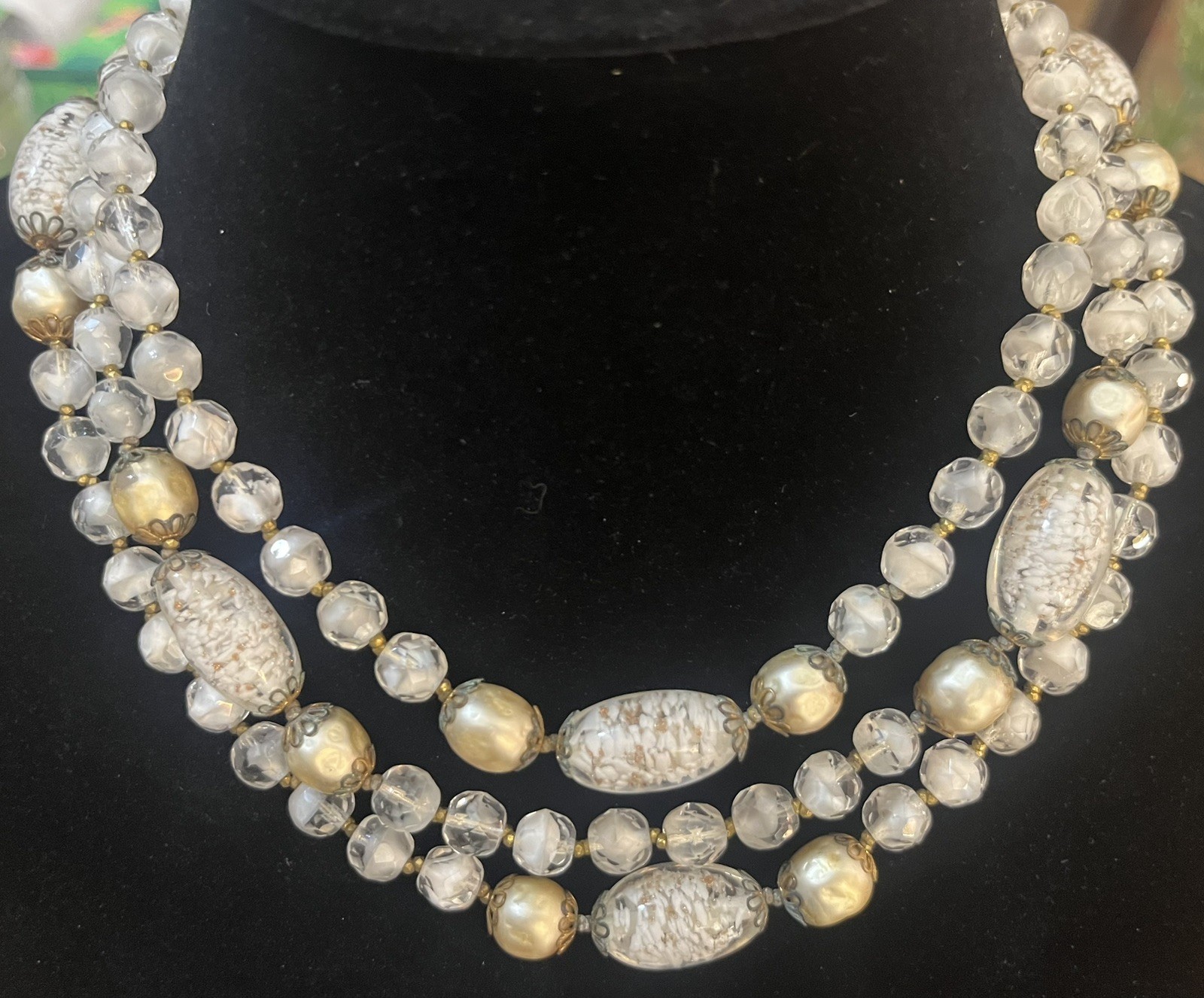Vintage Foil Glass Necklace Murano Multistrand White Beaded Estate Jewelry Rare