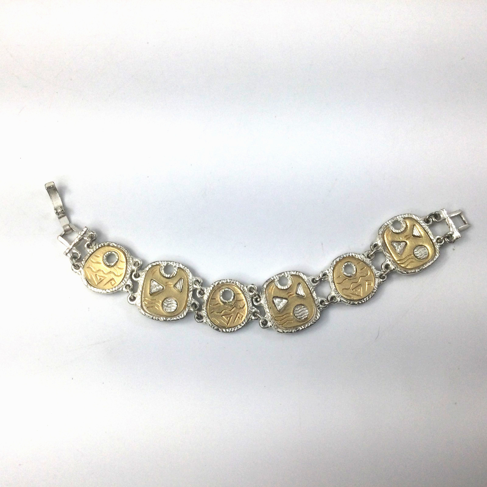 Vintage Gold Silver Metal Bracelet Geometric Design Signs Disks 7″ Not Signed