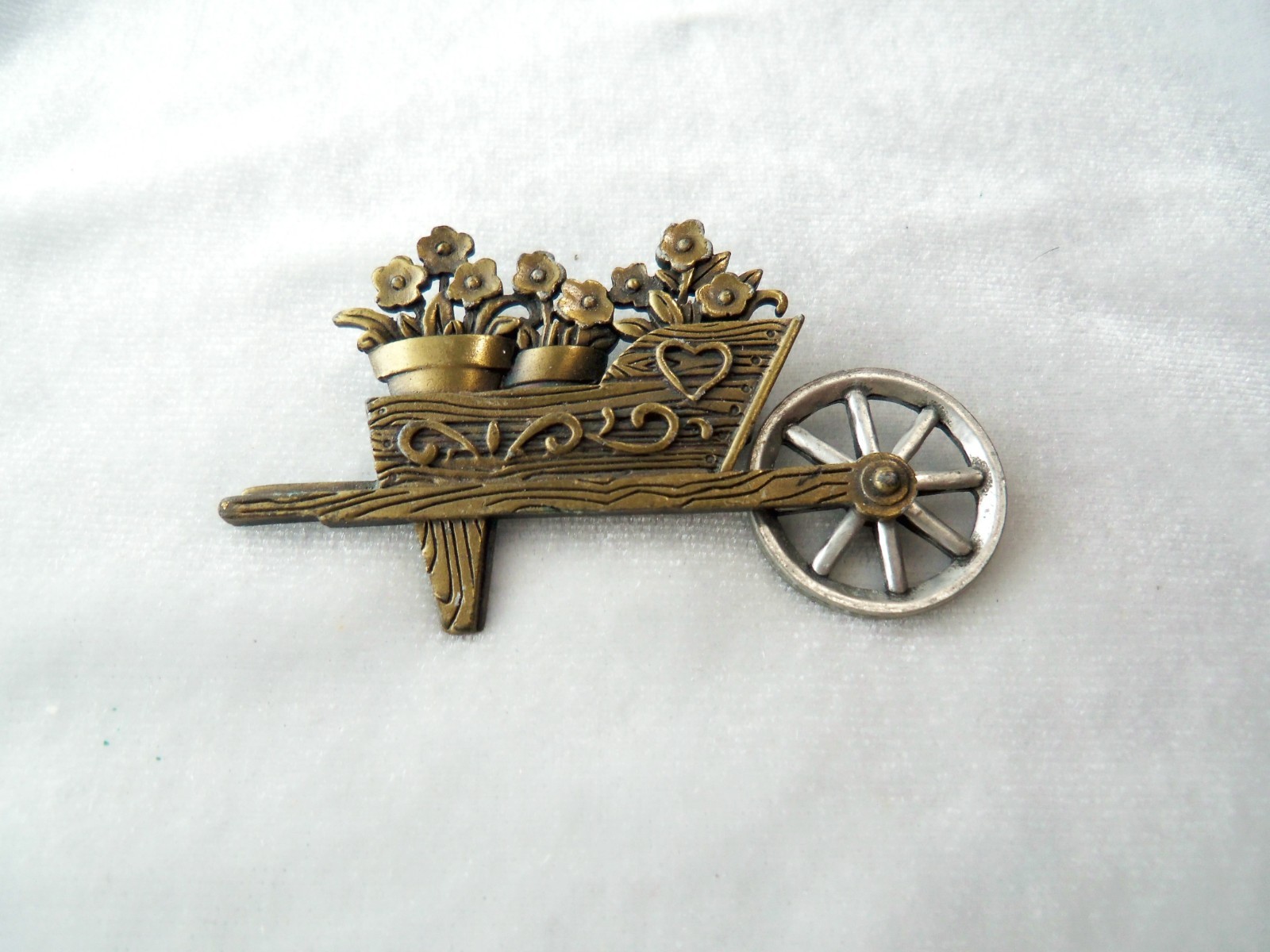 Vintage JJ Jonetta Flower Wheelbarrow Two Tone Metal Moving Brooch