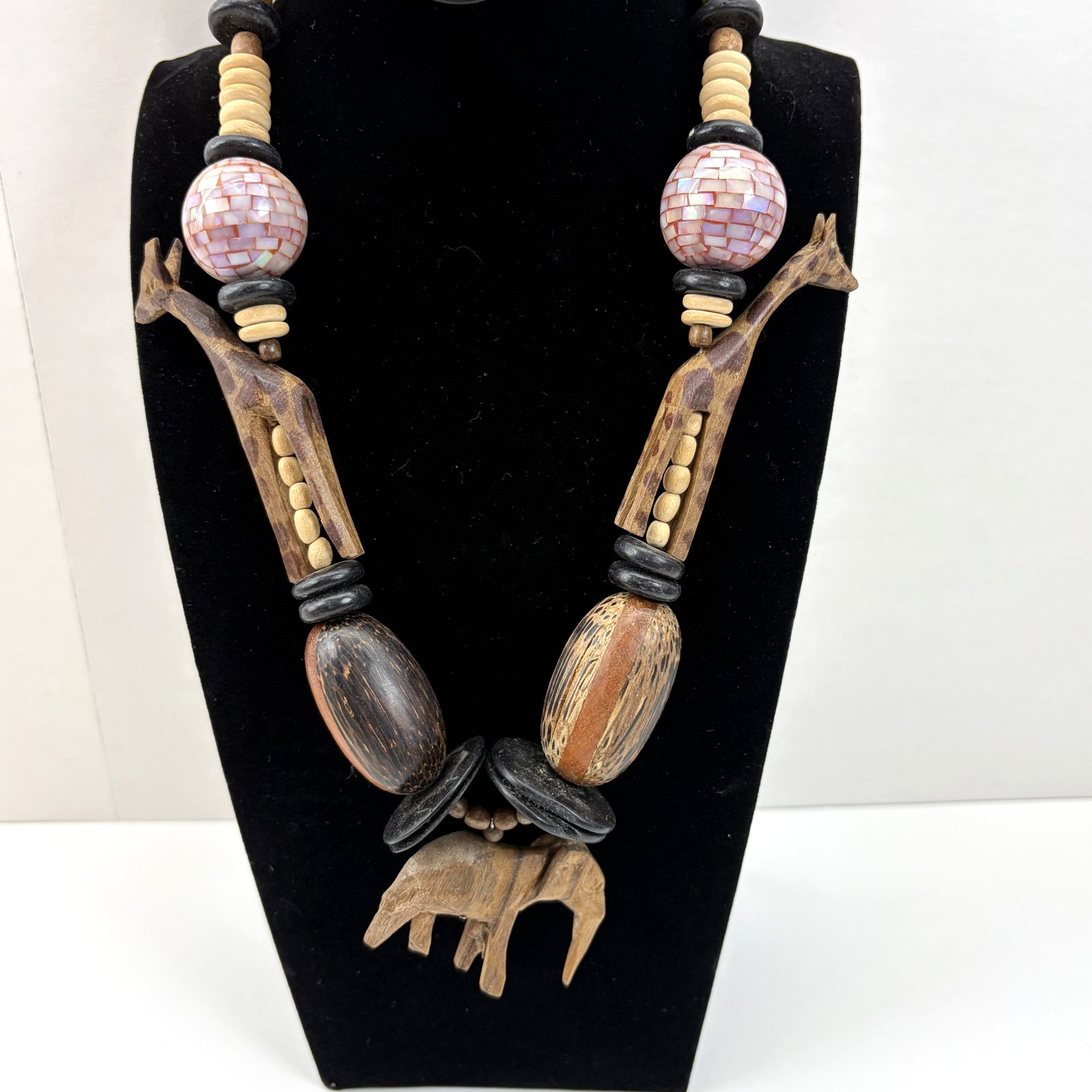 Vintage 1980s Wooden Safari Statement Necklace Boho Folk Art Whimsy Cottagecore